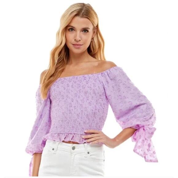 TCEC Purple Small Gingham Cropped Smocked Off The Shoulder Top Blouse 3/4 Sleeve - Picture 9 of 11